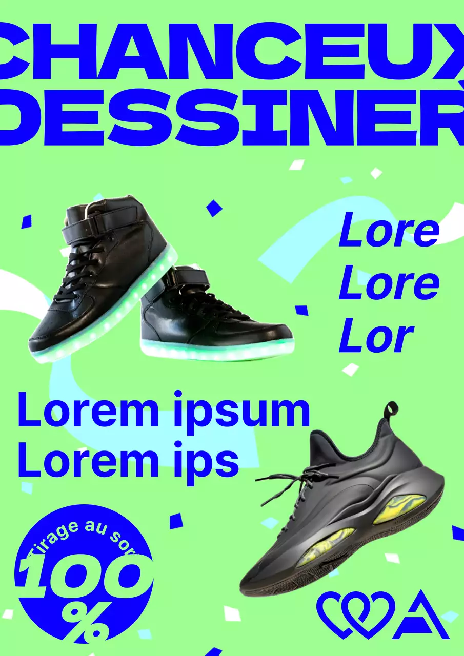 Publicité pour un événement branché sur les baskets en chartreuse et bleu