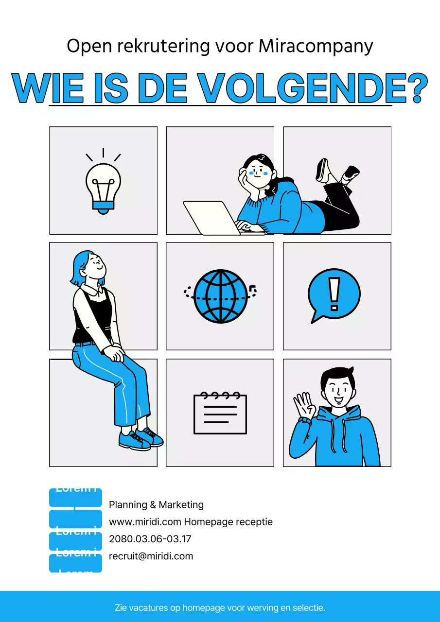 Een eenvoudige blauw-witte aankondiging van een nieuwe baan