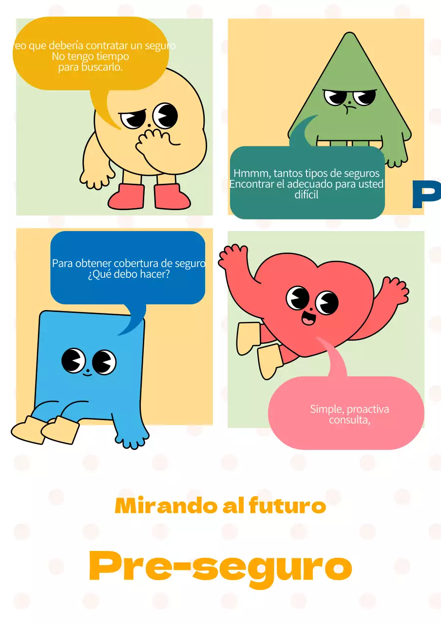 Promoción de seguros con simpáticos personajes sobre fondo punteado