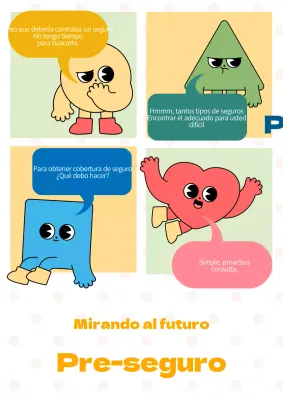 Promoción de seguros con simpáticos personajes sobre fondo punteado