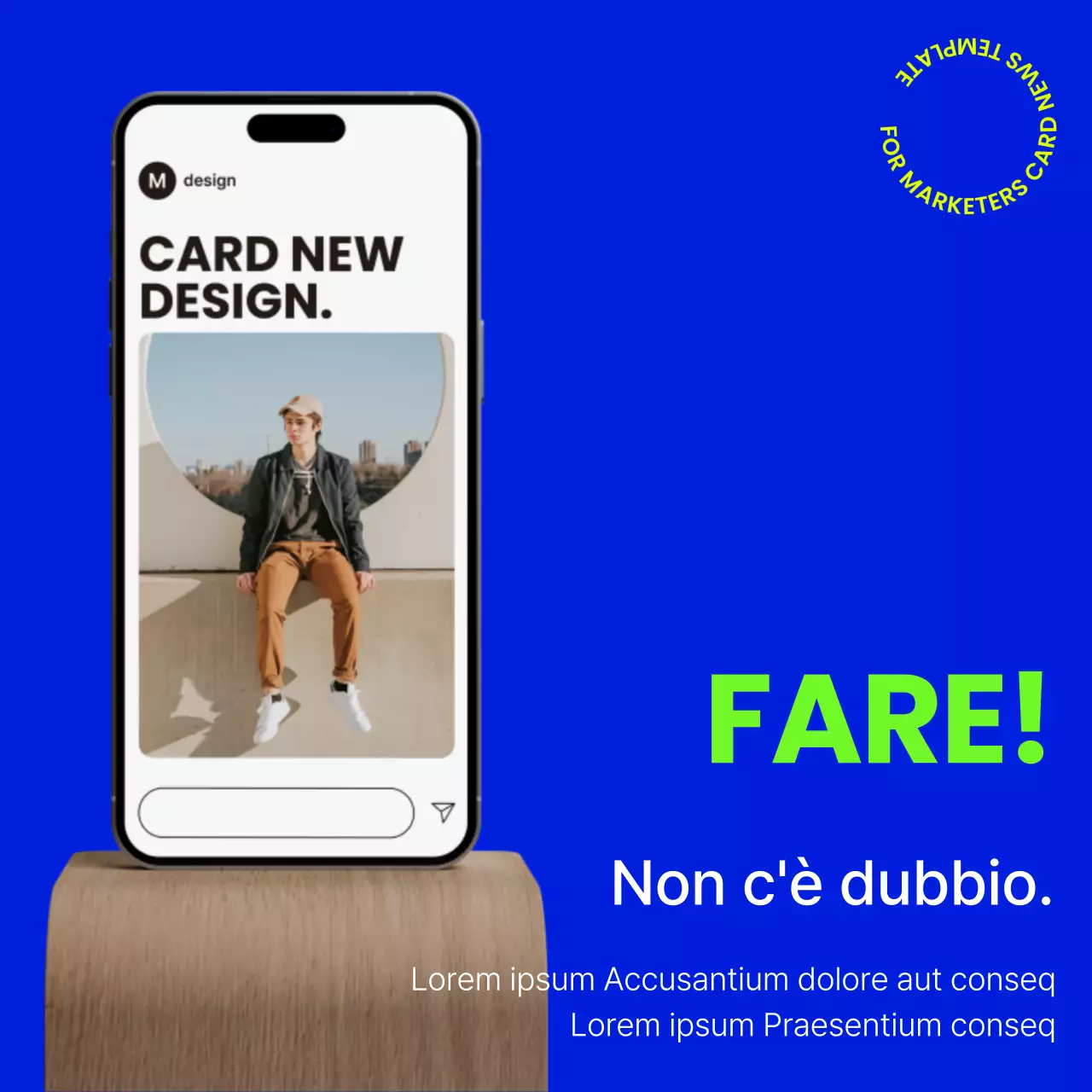 Proposta di modello cardnews moderno e di tendenza in blu navy e colori fluorescenti