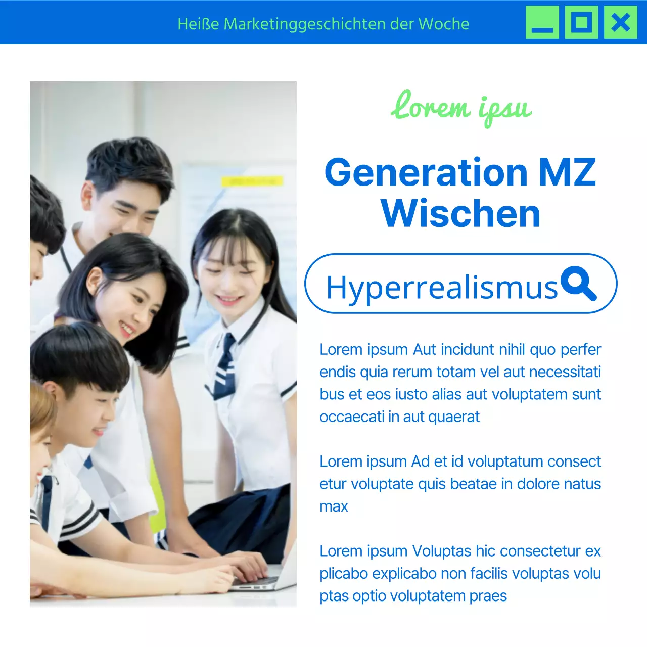 Werbung für trendige Marketing-News in Chartreuse und Blau