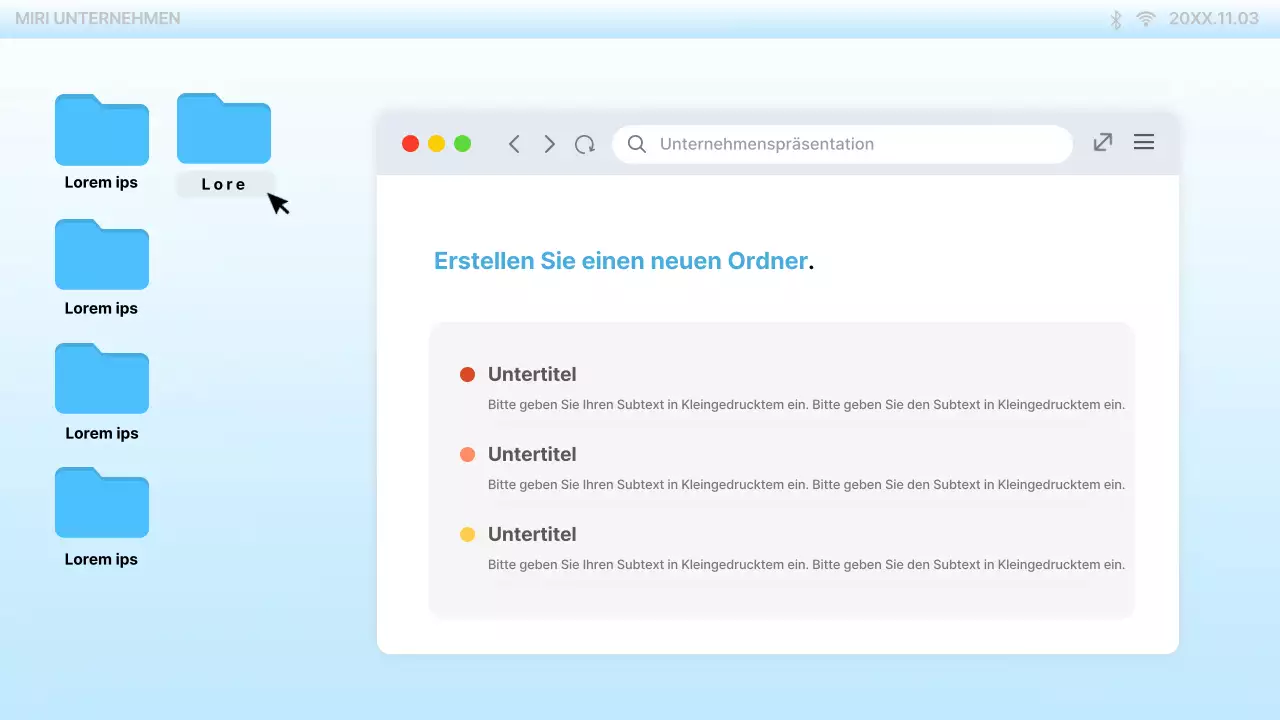 Präsentation auf dem trendigen hellblauen PC-Desktop UI