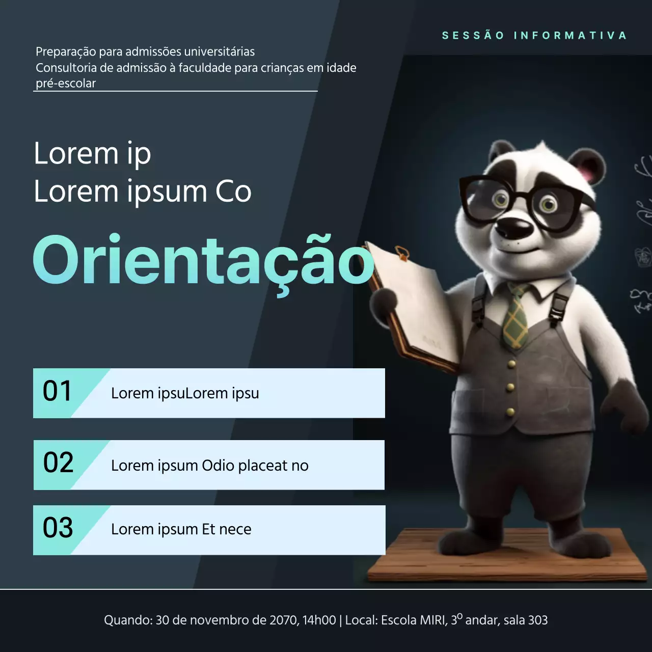 Anúncio simples de uma feira de admissões com toques de menta num fundo preto e branco