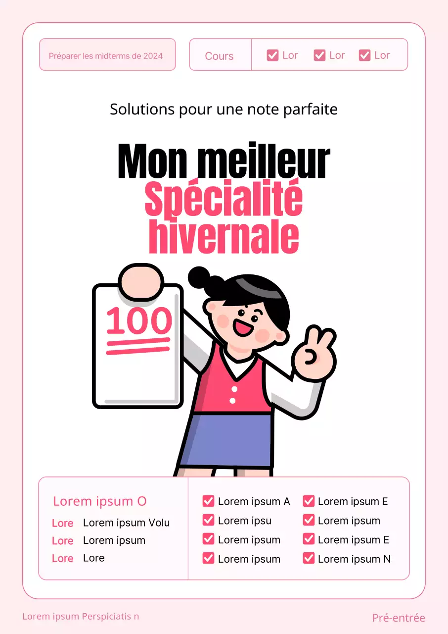 Promouvoir une école avec un concept de copie d'examen comprenant une illustration d'un étudiant tenant une copie d'examen rose.