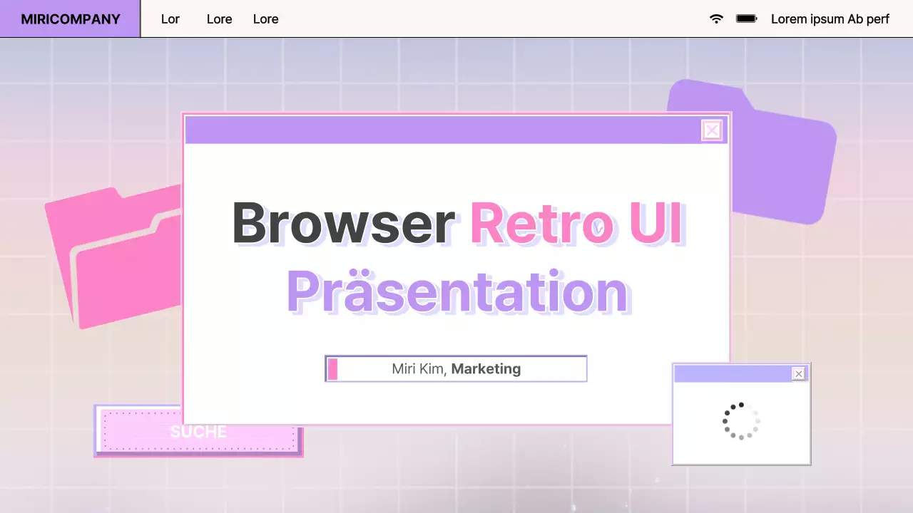 Bericht im Retro-Browser-Design in Lila und Rosa