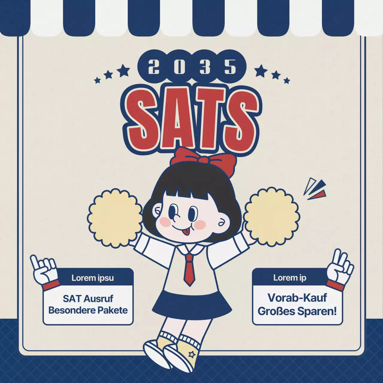 Werben Sie für eine marineblaue Retro-SATs-Cheerleading-Geschenkaktion