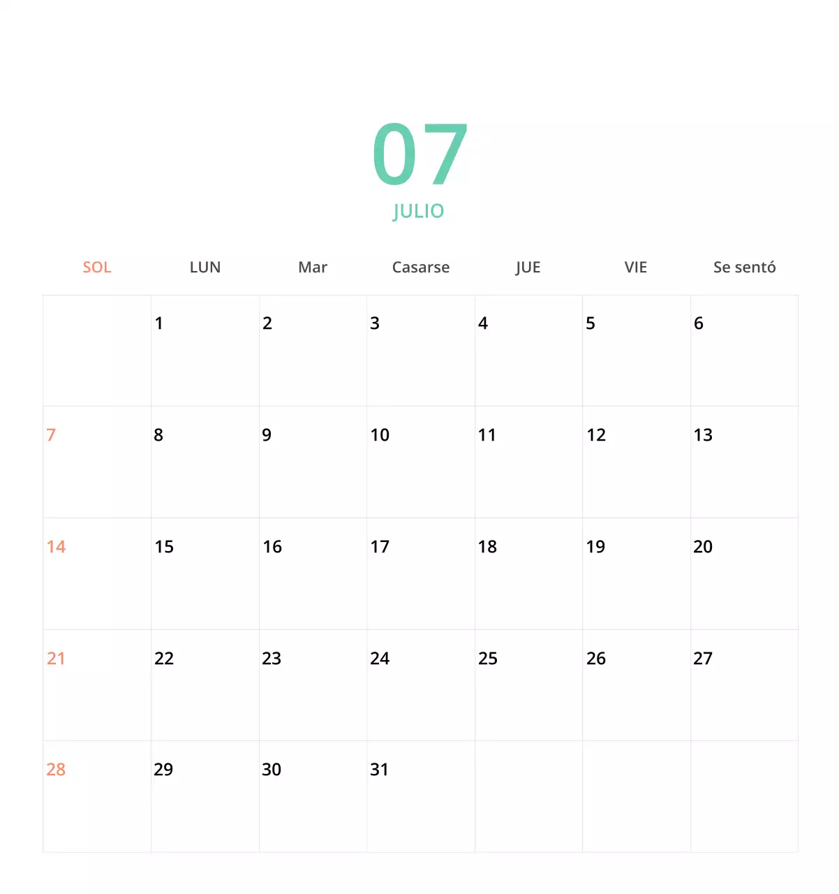 Bonito calendario de sobremesa ilustrado de temática familiar en color verde