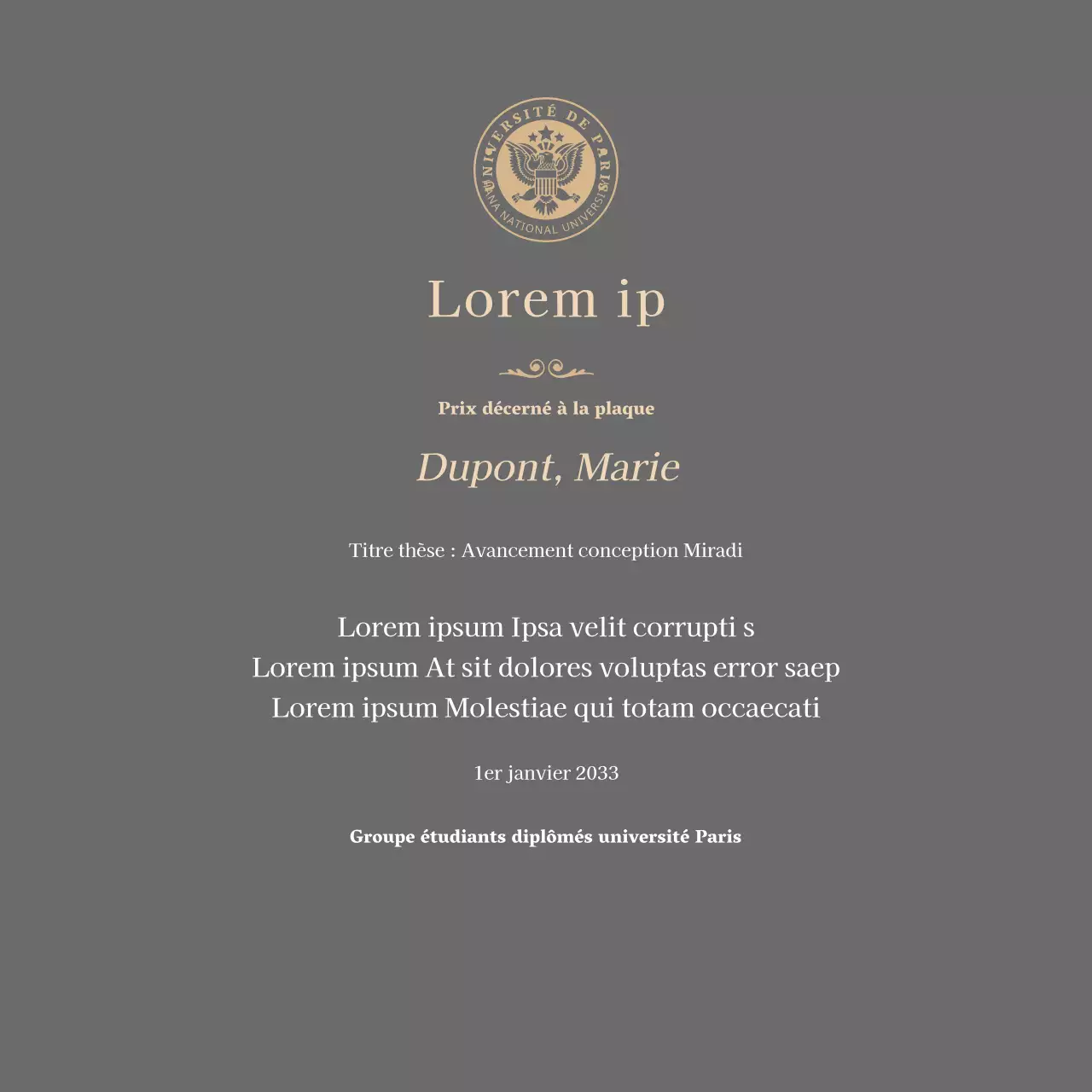 Plaque de diplôme luxueuse avec logo de l'école et bordure dorée