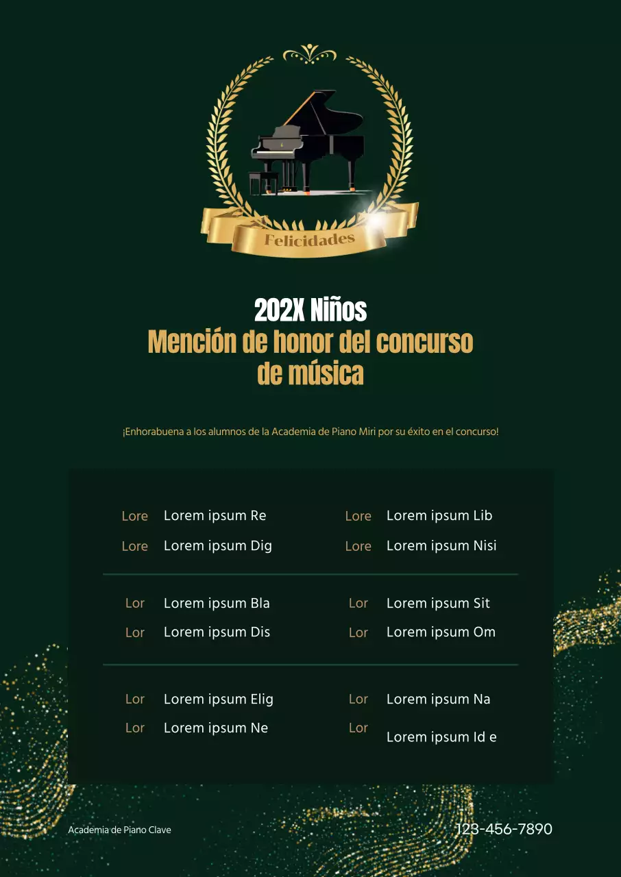 Elegante lista de premios promocionales de la academia con imagen de laurel y piano con acentos dorados sobre fondo verde oscuro.