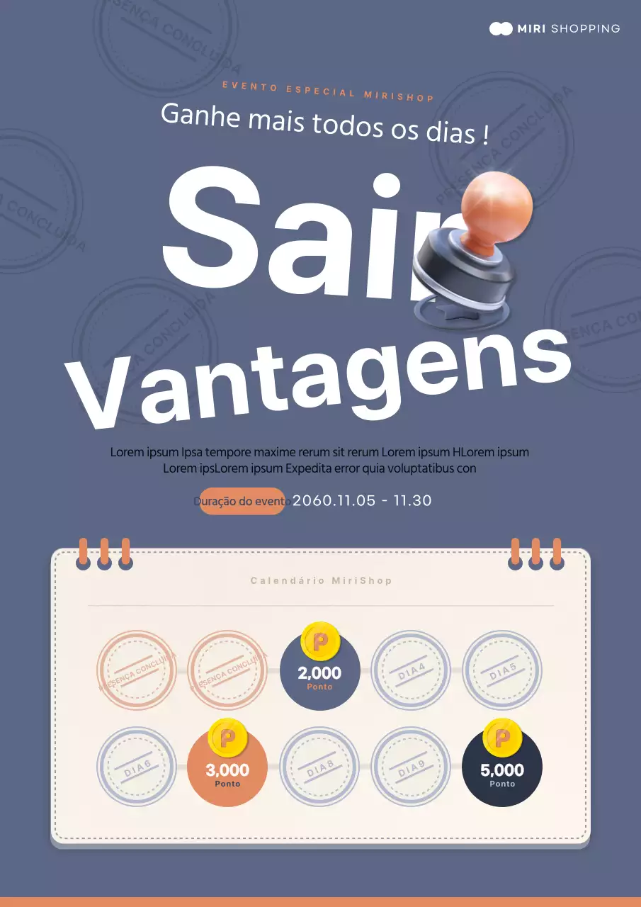 Promover eventos de verificação de presença no centro comercial em azul-marinho e laranja
