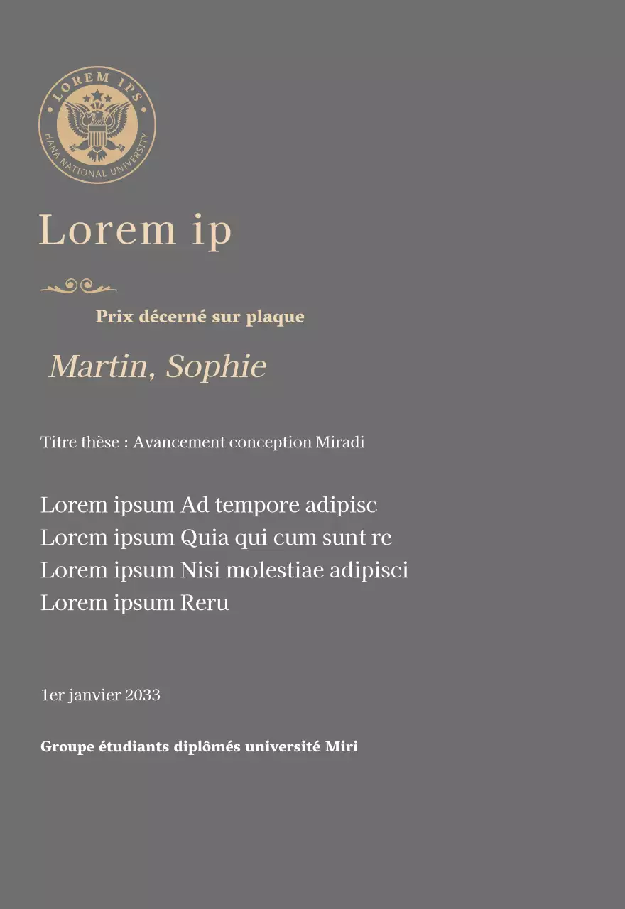 Plaque de diplôme luxueuse avec logo de l'école et bordure dorée