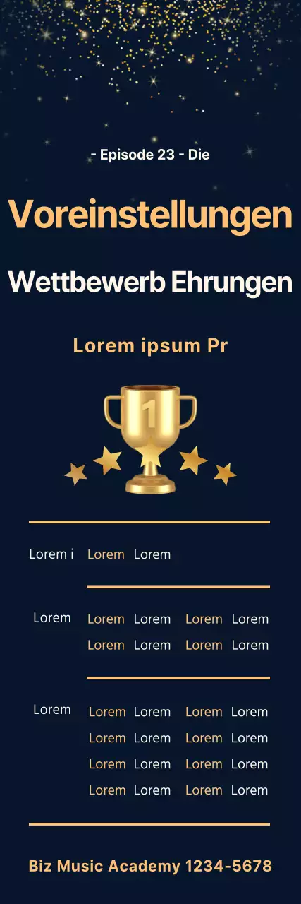 Werbung für einen Wettbewerbsbeitrag mit einem goldenen Trab auf marineblauem Hintergrund