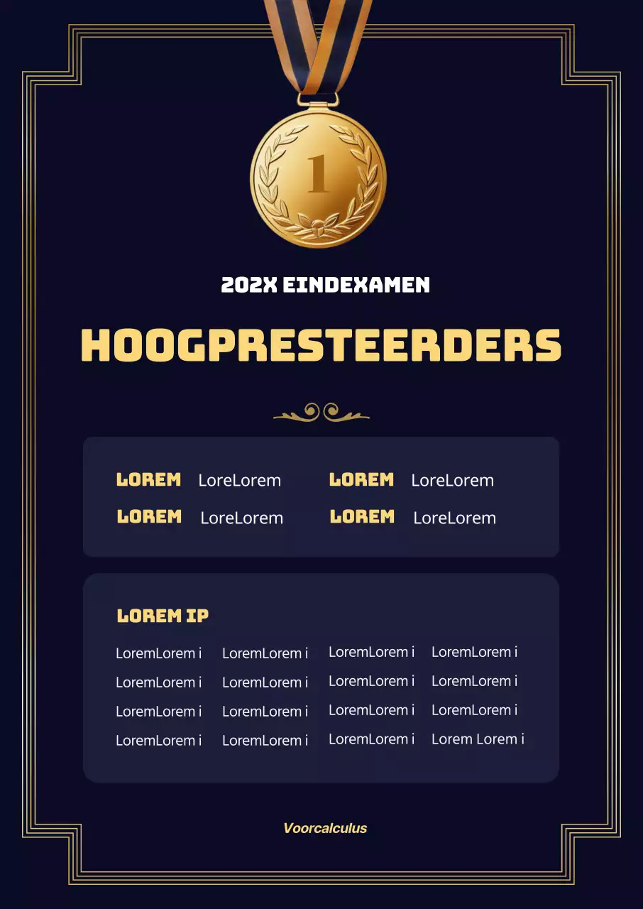 Promoot een stijlvolle academische school met een afbeelding van een gouden medaille met gouden punten op een marineblauwe achtergrond