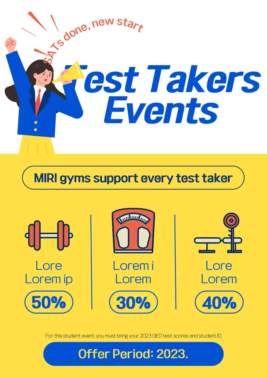 High school student illustrations, bold color-font layouts, and workout-related icons accentuate the gym discount offer for SAT test takers.