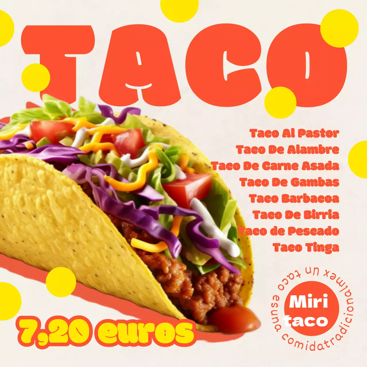 Bonito anuncio retro de tacos con formas rojas y una imagen de tacos