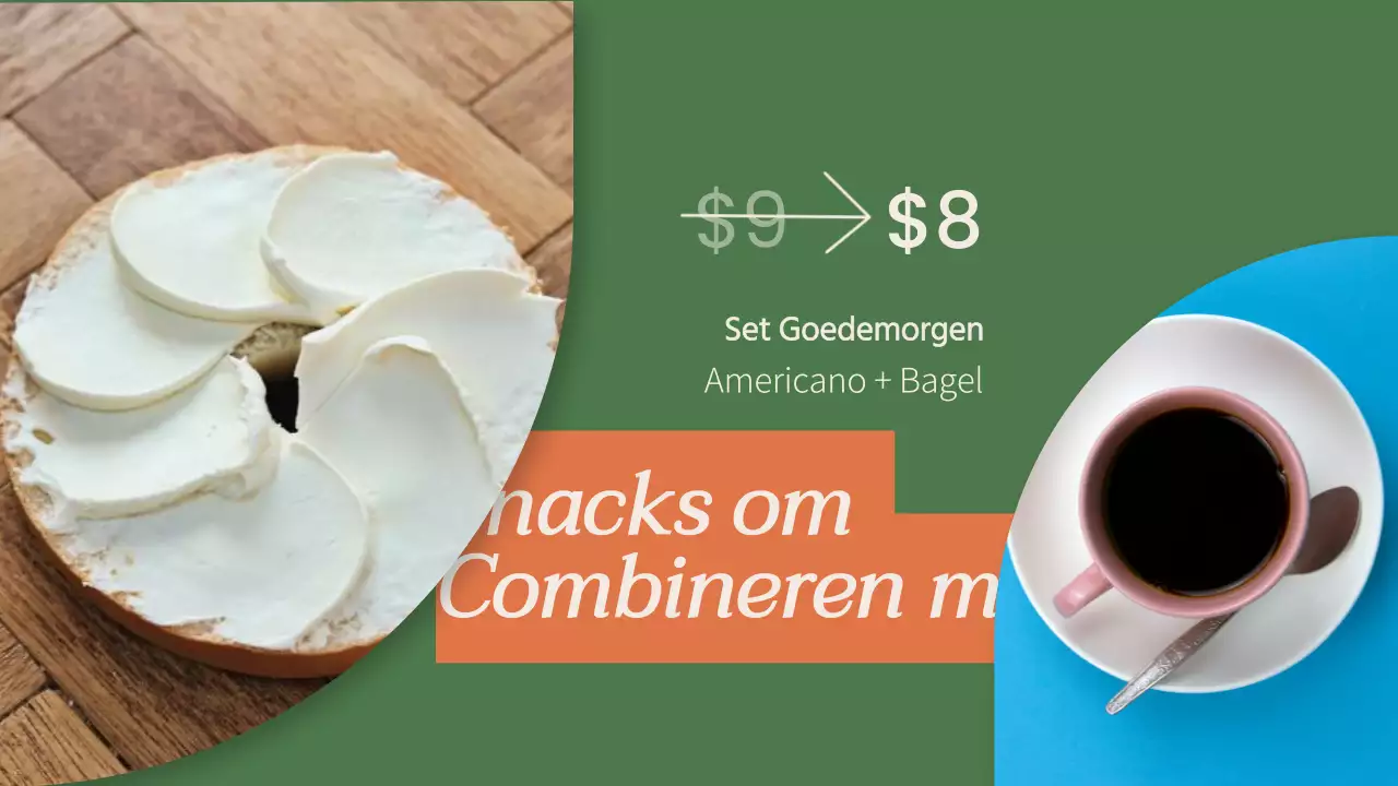 Minimalistische menureclame in de winkel in groen en oranje