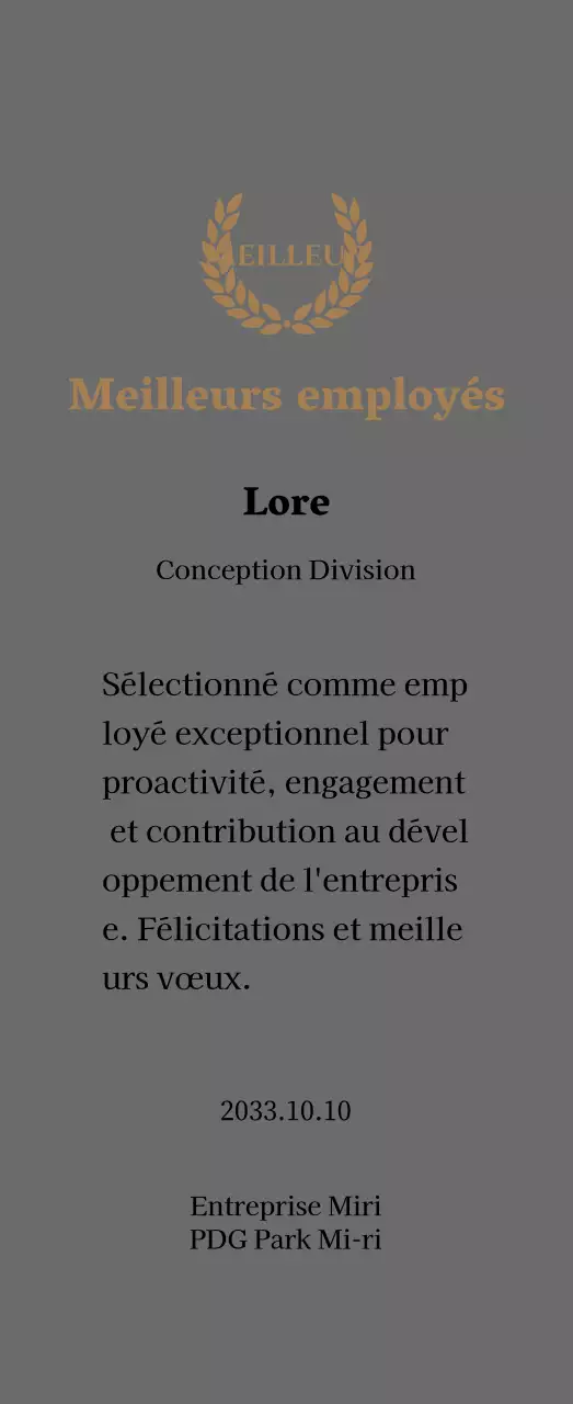 Plaque de remerciement luxueuse avec lauriers et cachet en or