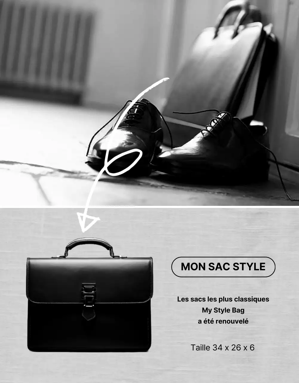Publicité minimaliste pour un sac en noir et blanc