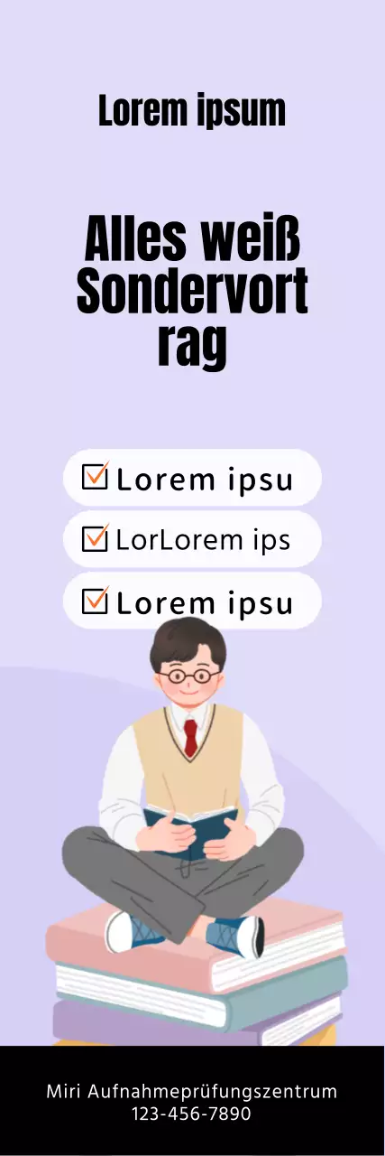 Schulwerbung mit einer Illustration eines Schülers, der auf einem malvenfarbenen Hintergrund lernt