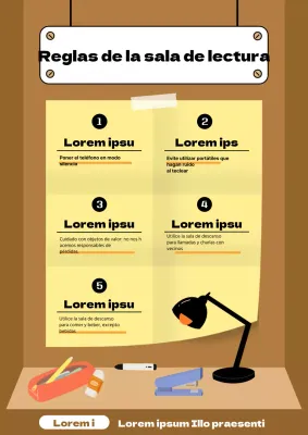 Una sencilla sala de estudio amarilla y marrón con algunos recordatorios