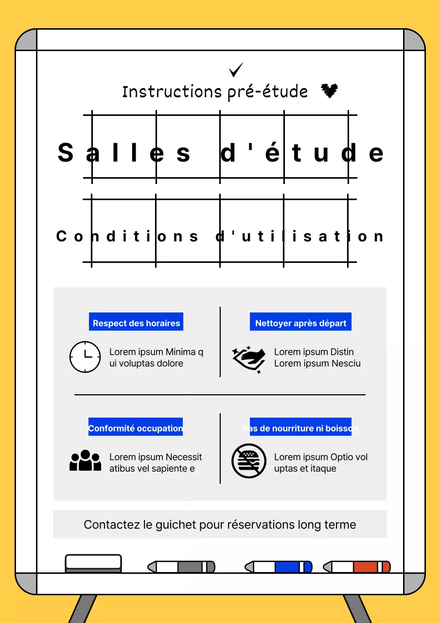 Une salle d'étude simple, jaune et bleue, avec quelques rappels