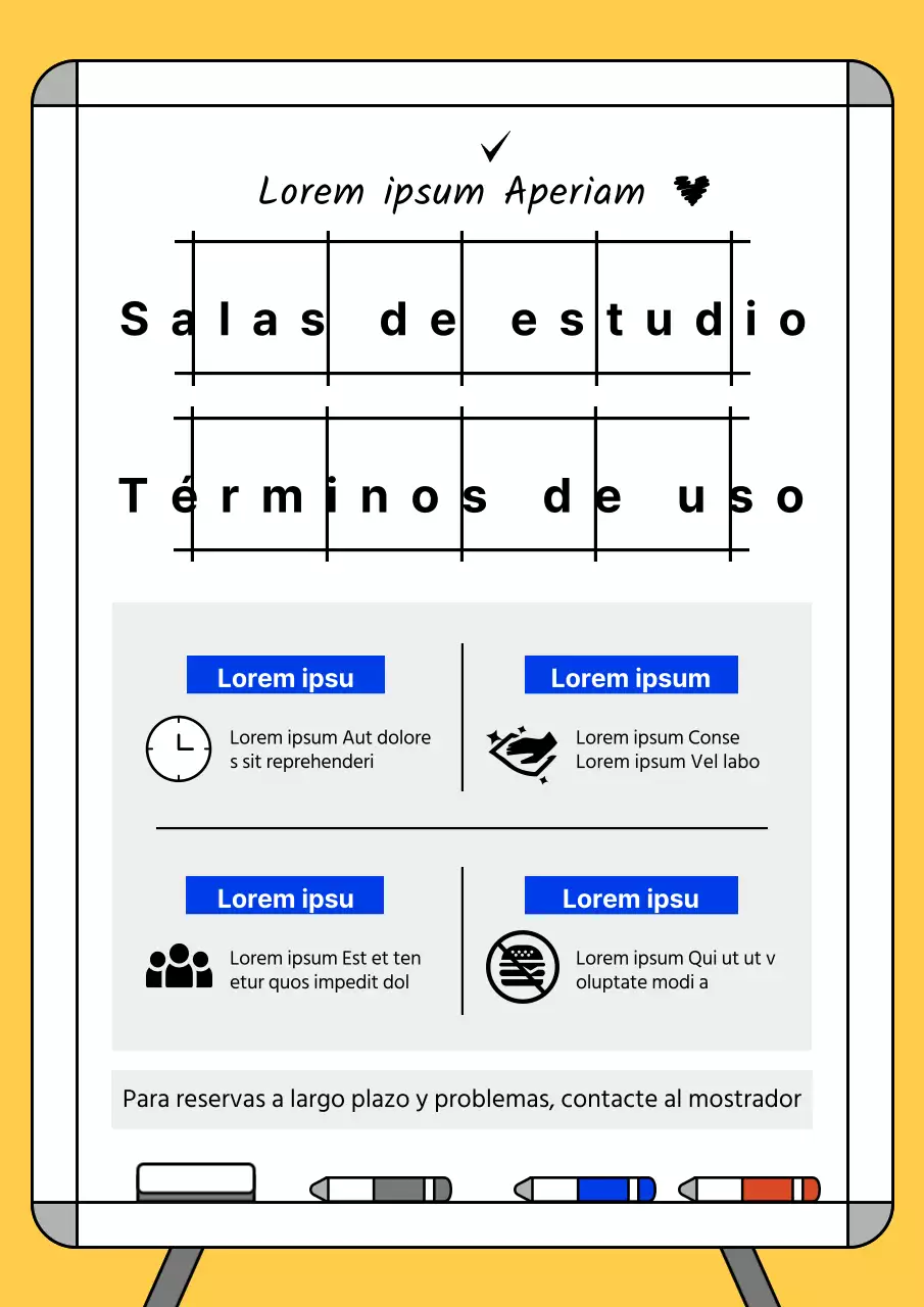 Una sencilla sala de estudio amarilla y azul con algunos recordatorios