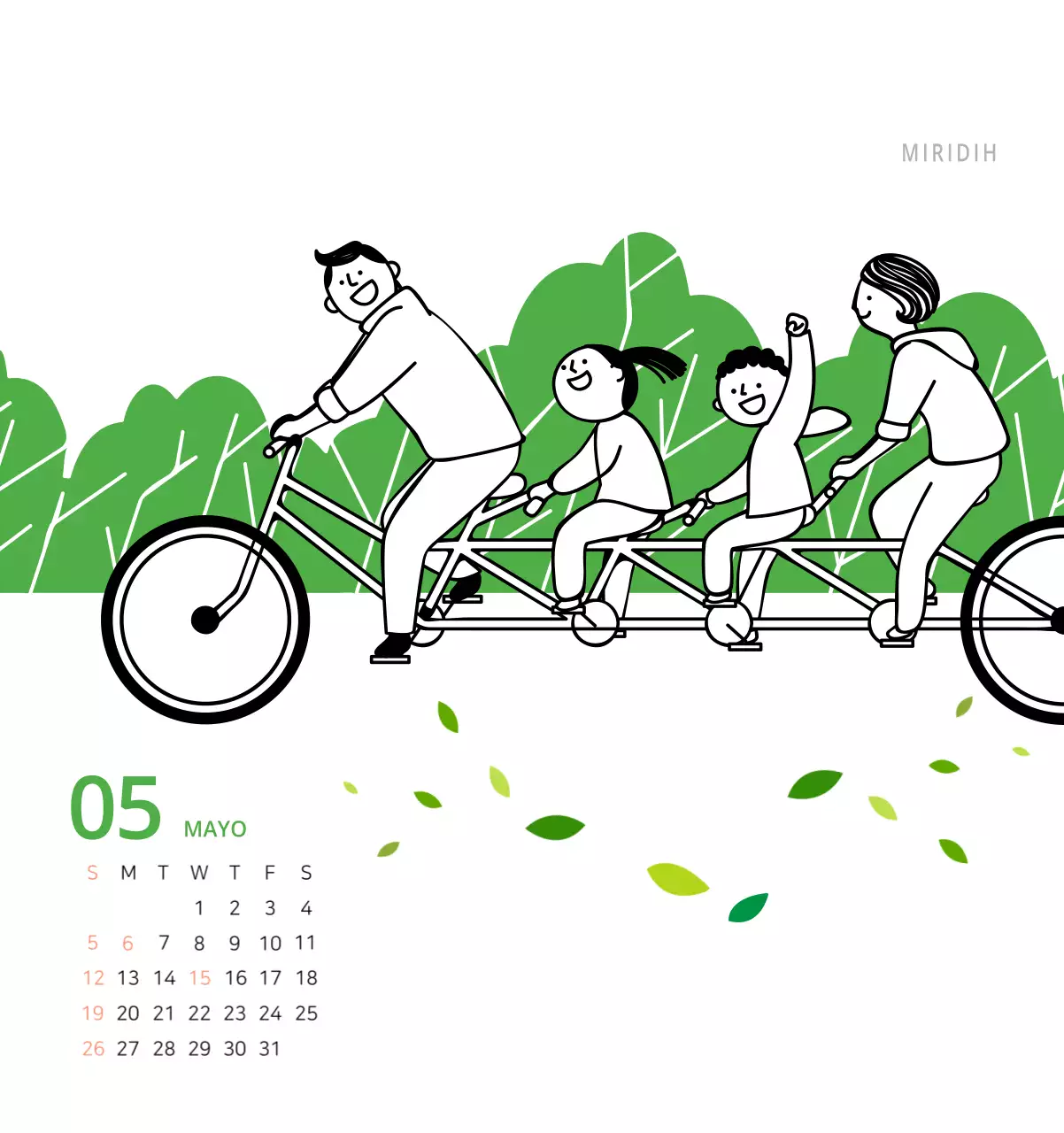 Bonito calendario de sobremesa ilustrado de temática familiar en color verde