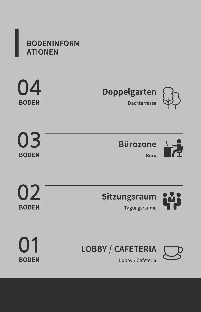 Fensterfahnen mit Symbolen und Bodenhinweisen in einer Kombination aus grauen und dunkelgrauen Farben