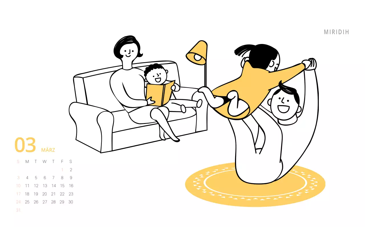 Niedlich illustrierter grüner Tischkalender mit Familienthemen