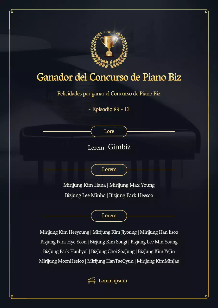 Promocione a los ganadores del concurso con un piano y un trofeo dorado sobre fondo negro
