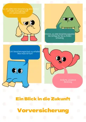 Versicherungswerbung mit niedlichen Figuren auf einem punktgemusterten Hintergrund