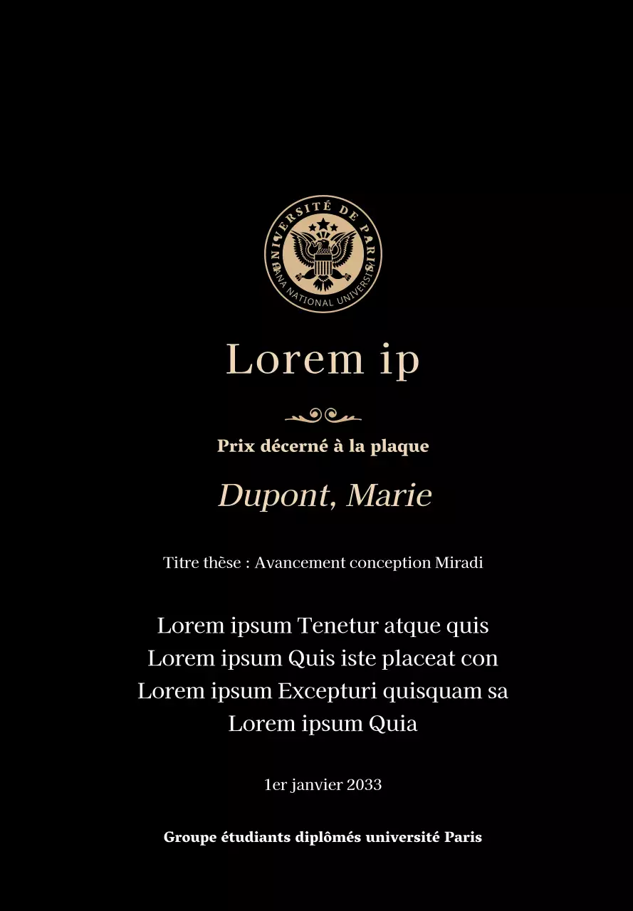 Plaque de diplôme luxueuse avec logo de l'école et bordure dorée