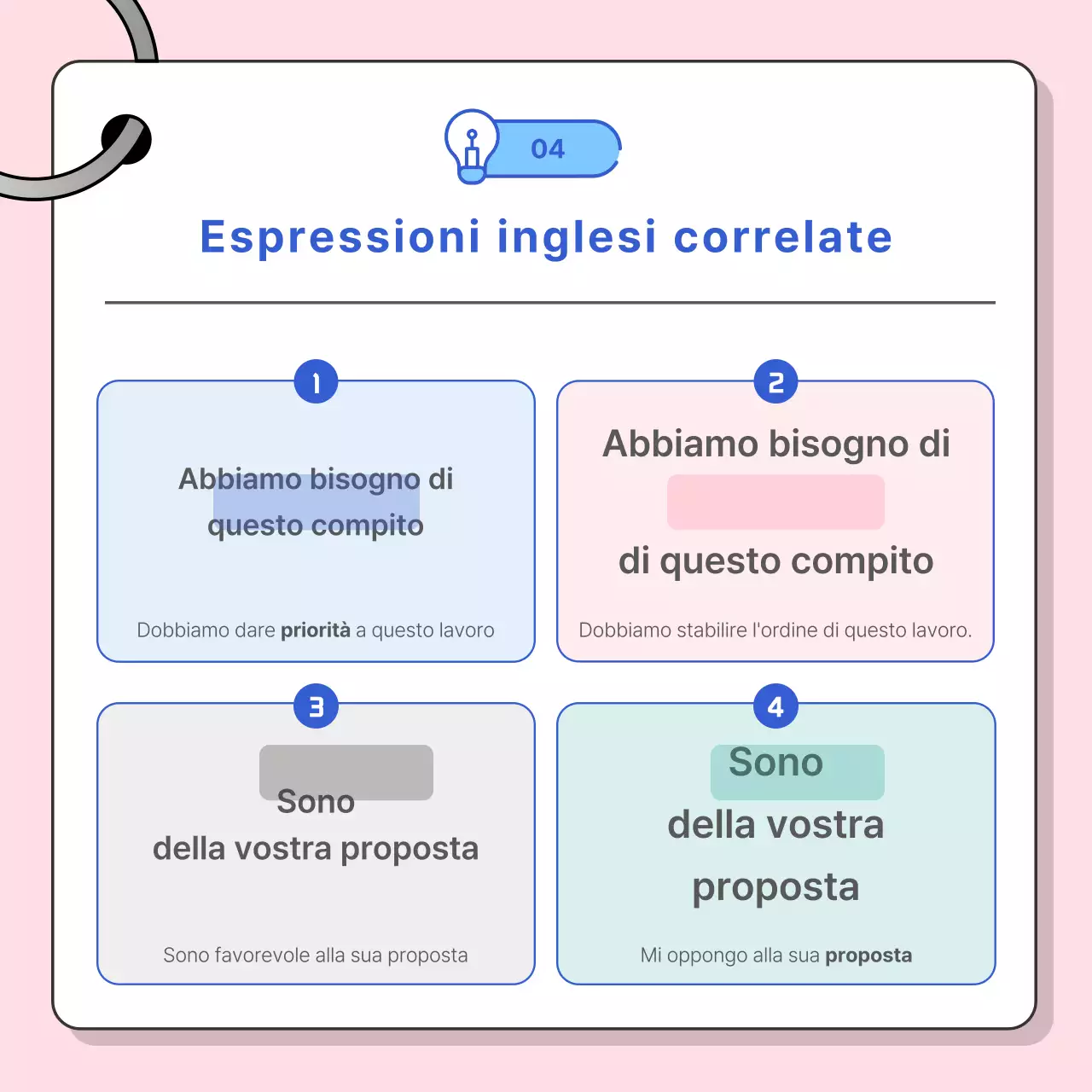 Promuovete le conversazioni in inglese commerciale con una combinazione di colori rosa e blu.