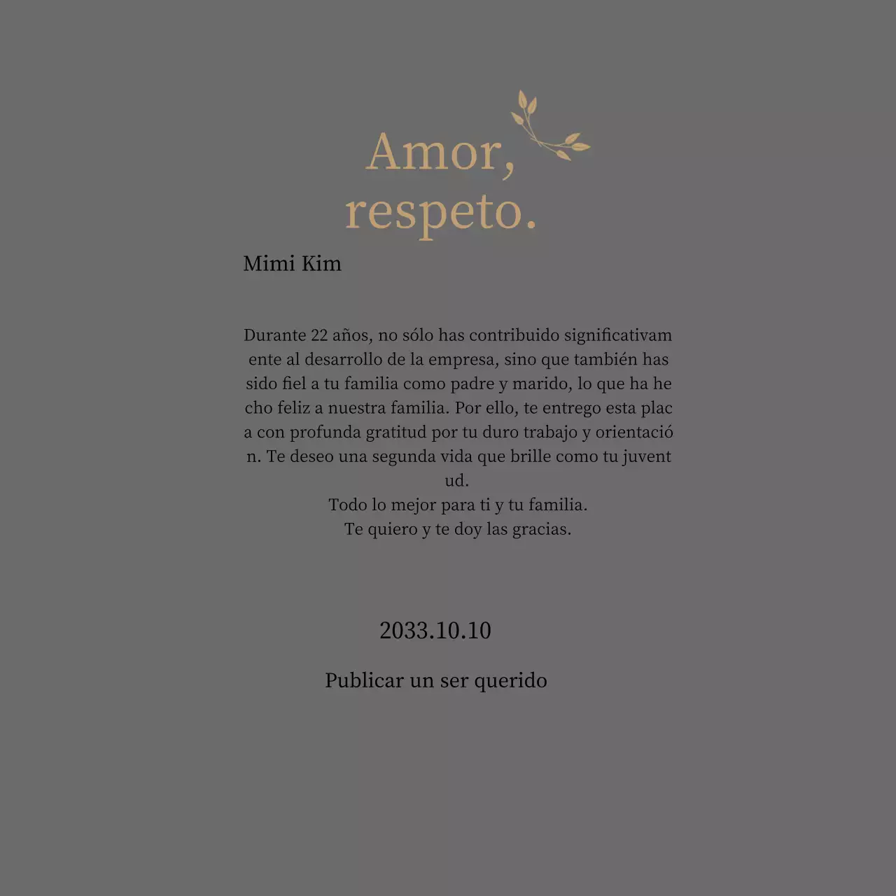 Elegante placa de agradecimiento con oro y hojas