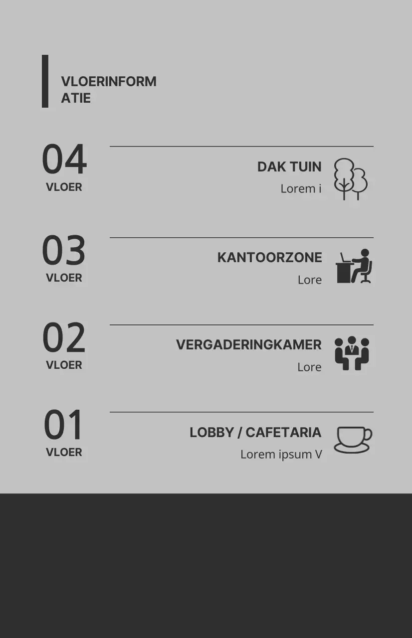 Venstervlaggen met pictogrammen en verdiepingsinstructies in een combinatie van grijze en donkergrijze kleuren
