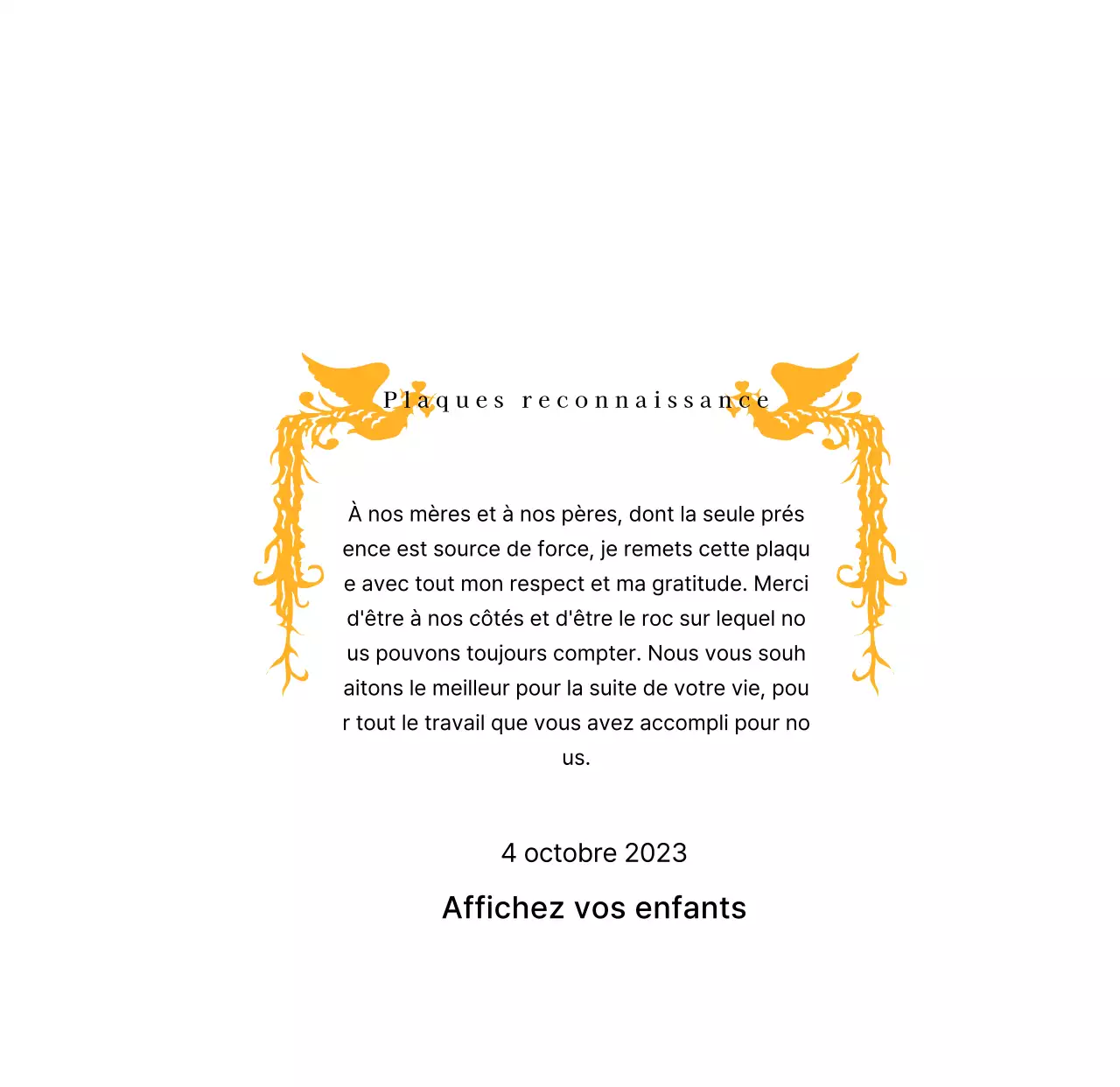 Plaque de remerciement sur le thème de la fête des mères avec illustration d'un phénix