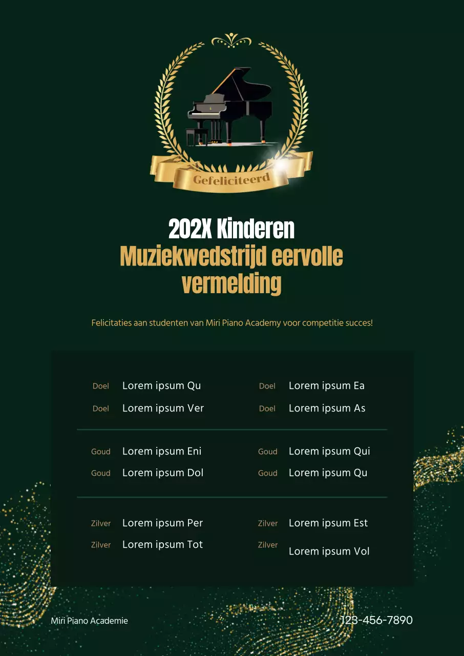 Classy academie promotionele award lijst met laurier en piano afbeelding met gouden accenten op donkergroene achtergrond