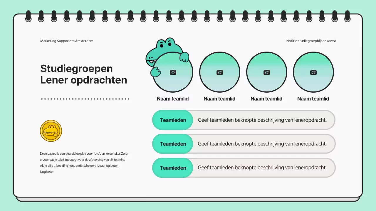 Minimalistische presentatie voor studiebijeenkomst in mint en zwart
