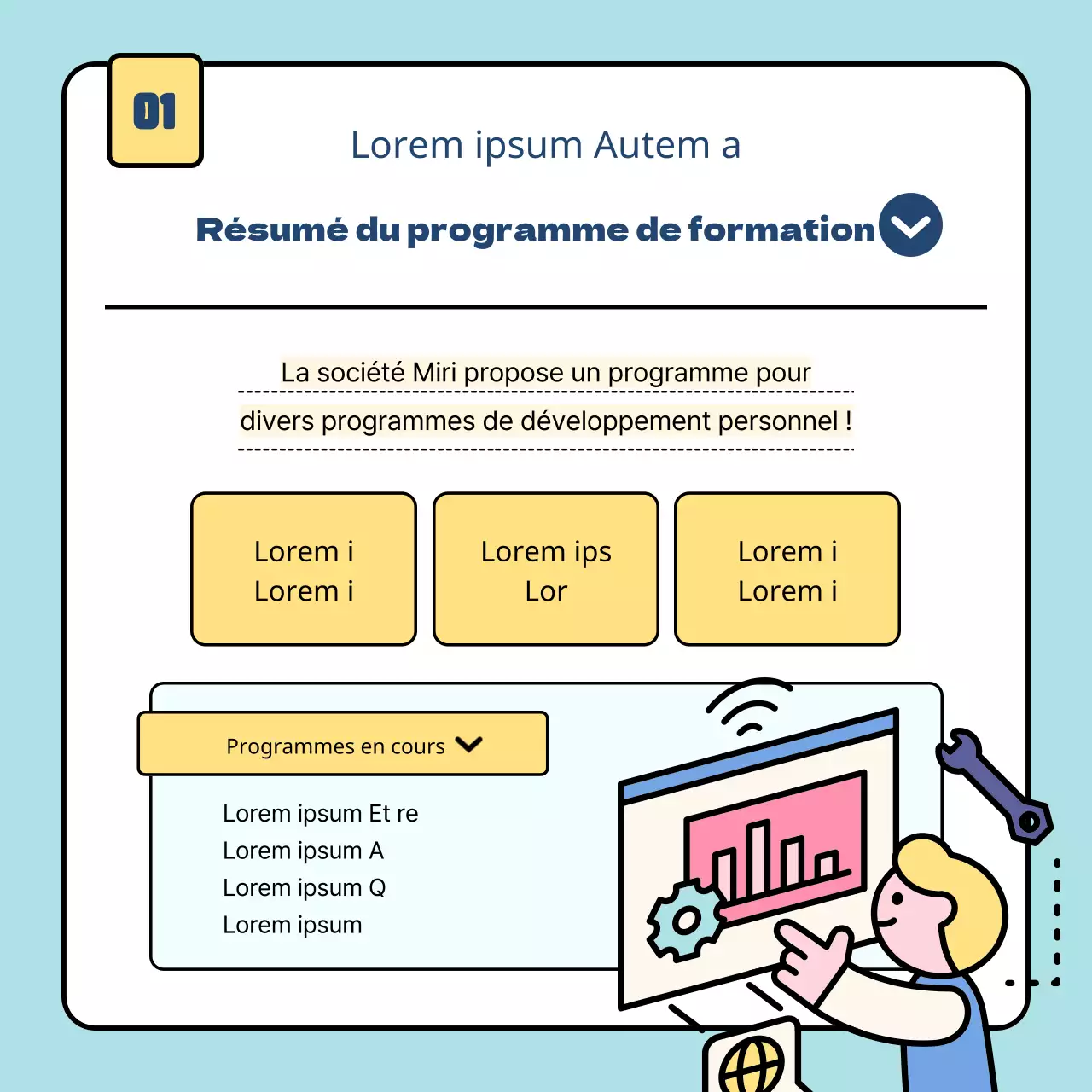 Un guide pour des programmes simples de formation en entreprise en bleu clair et jaune