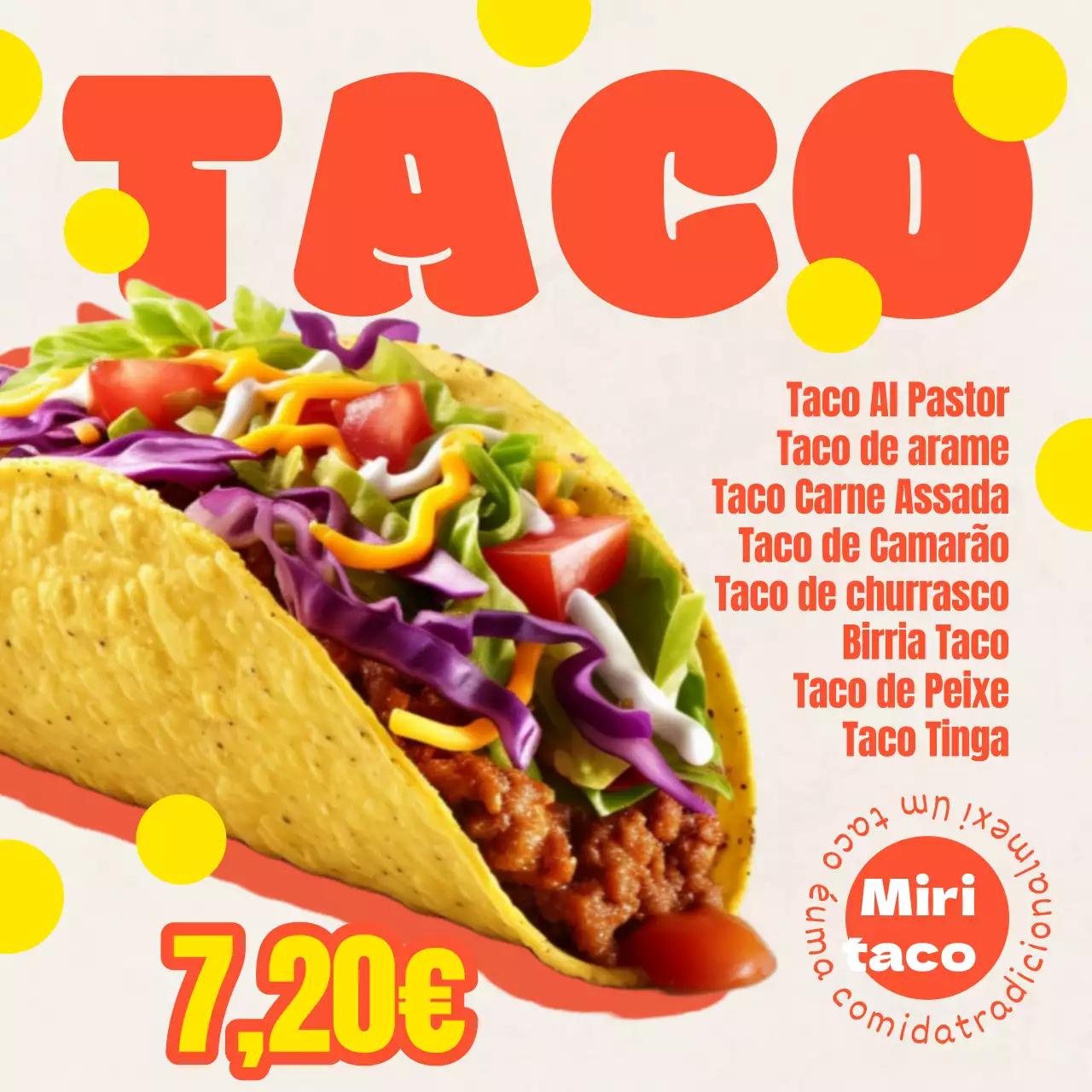 Anúncio retro de tacos com formas vermelhas e uma imagem de tacos