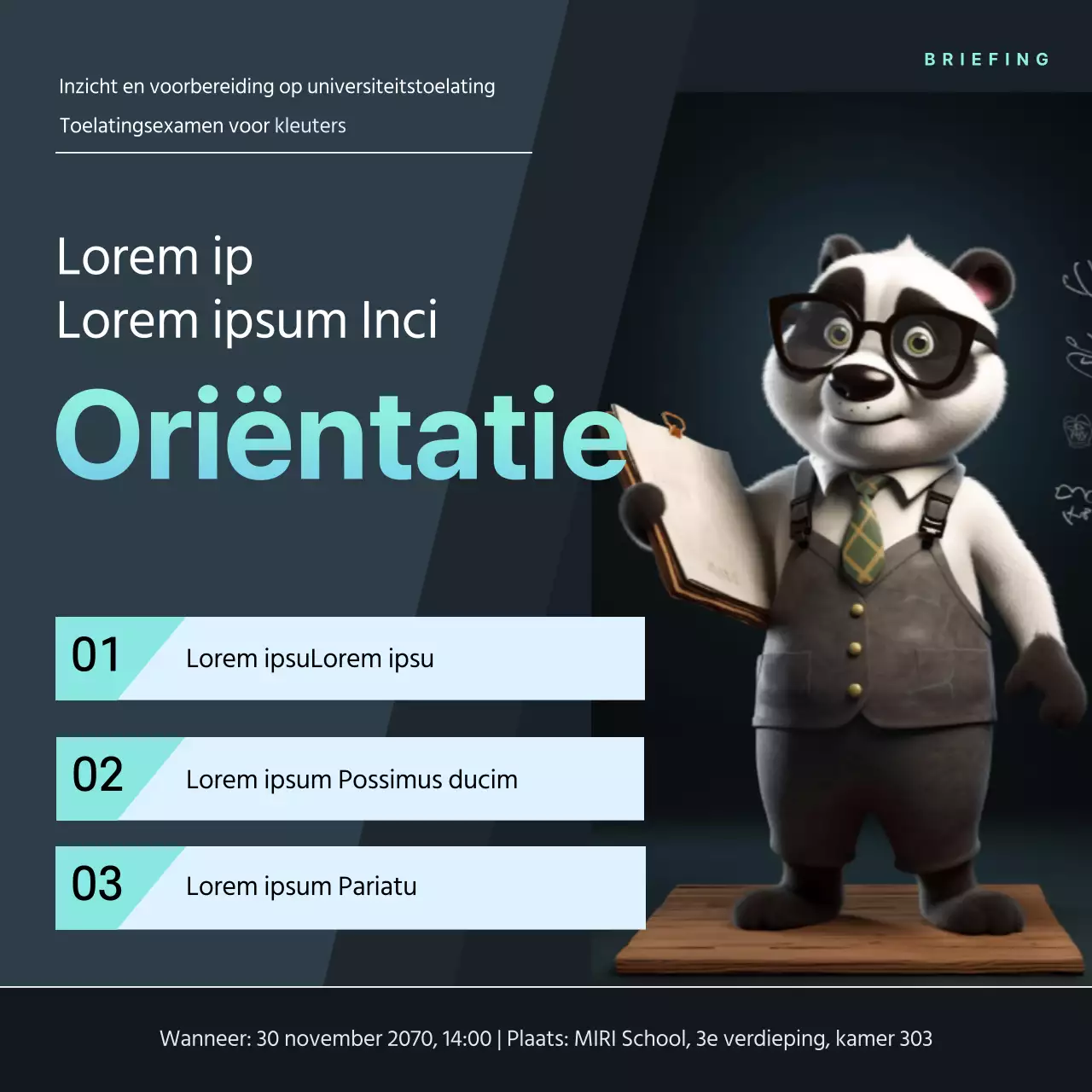 Eenvoudige advertentie voor een toelatingsbeurs met mintkleurige accenten op een zwart-witte achtergrond