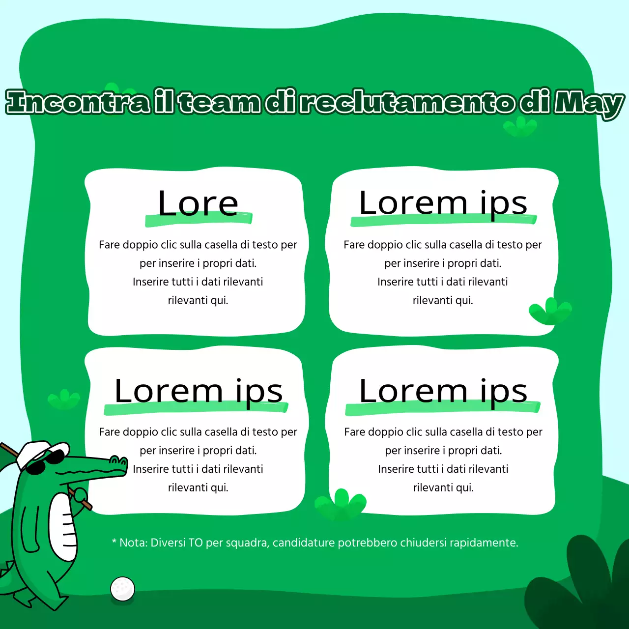  Annuncio di reclutamento di una società sportiva kitsch in verde e azzurro
