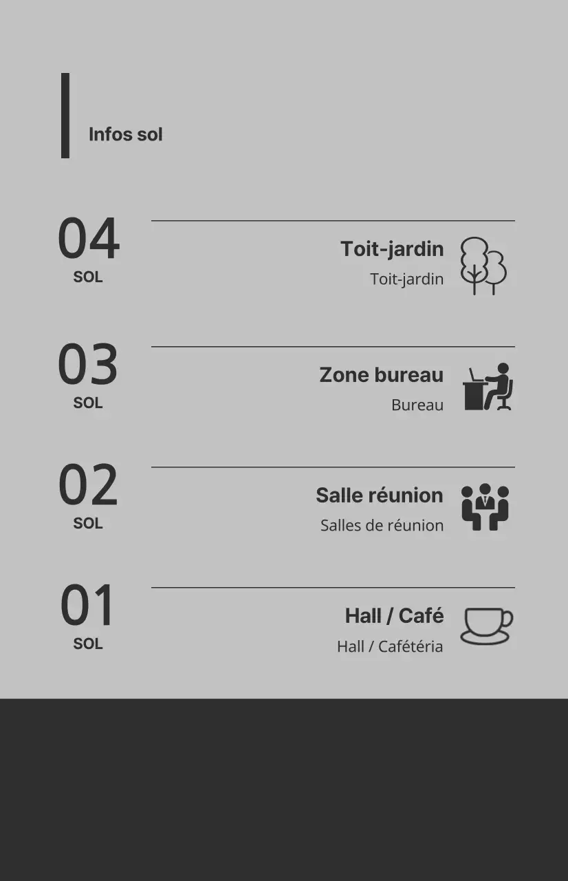 Drapeaux de fenêtre avec icônes et instructions d'étage dans une combinaison de couleurs gris et gris foncé.