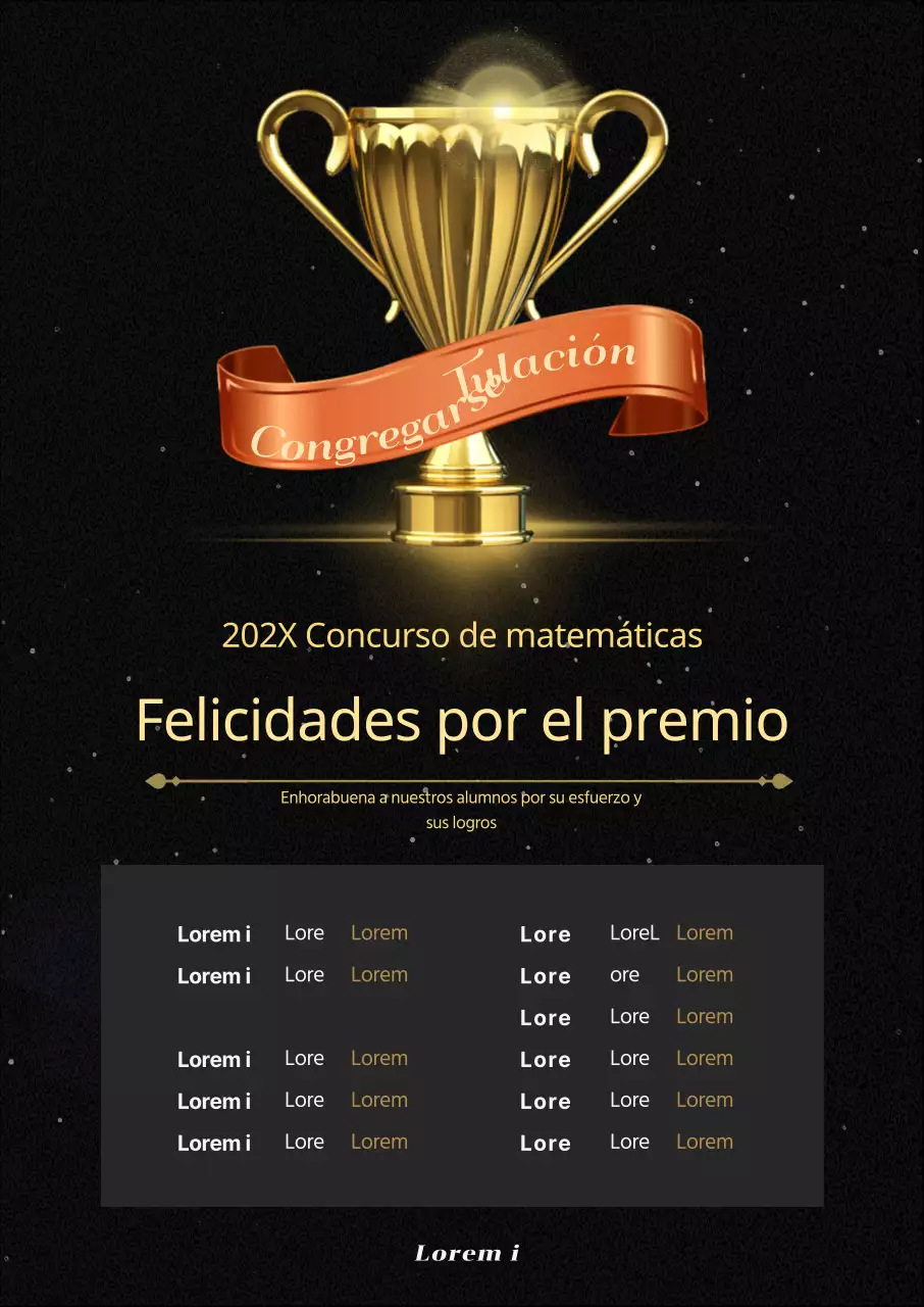Elegante lista de premios de promoción escolar con imagen de trofeo dorado con puntos dorados y naranjas