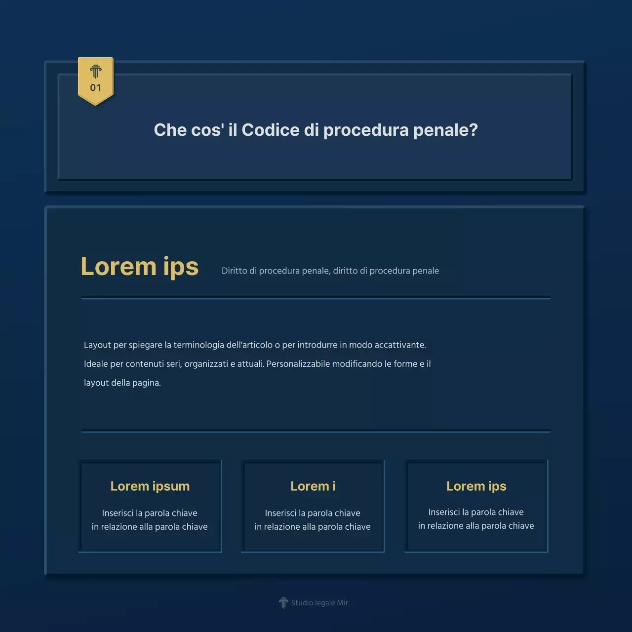 Un semplice profilo aziendale di uno studio legale in blu e giallo