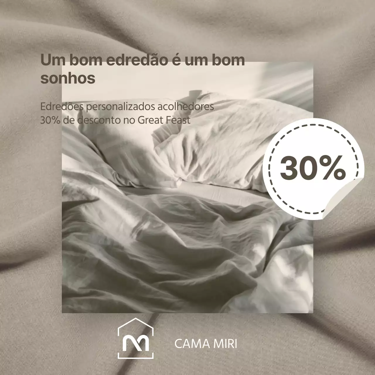 Promoção de uma venda de roupa de cama moderna em bege