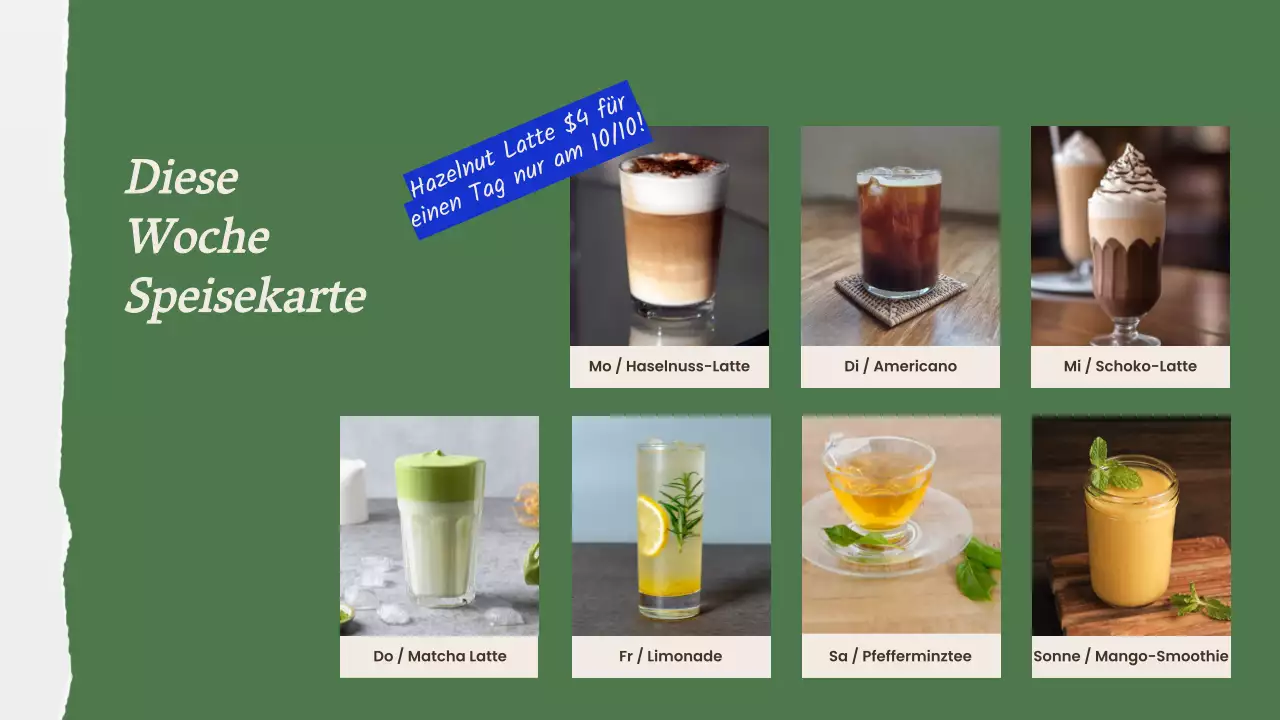 Minimalistische Anzeige für die Speisekarte in den Geschäften in Grün und Orange