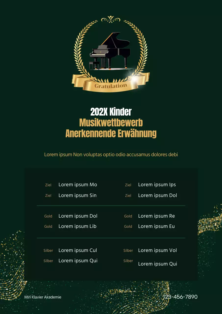 Classy Academy Promotion Award Liste mit Lorbeer und Klavier Bild mit goldenen Akzenten auf dunkelgrünem Hintergrund
