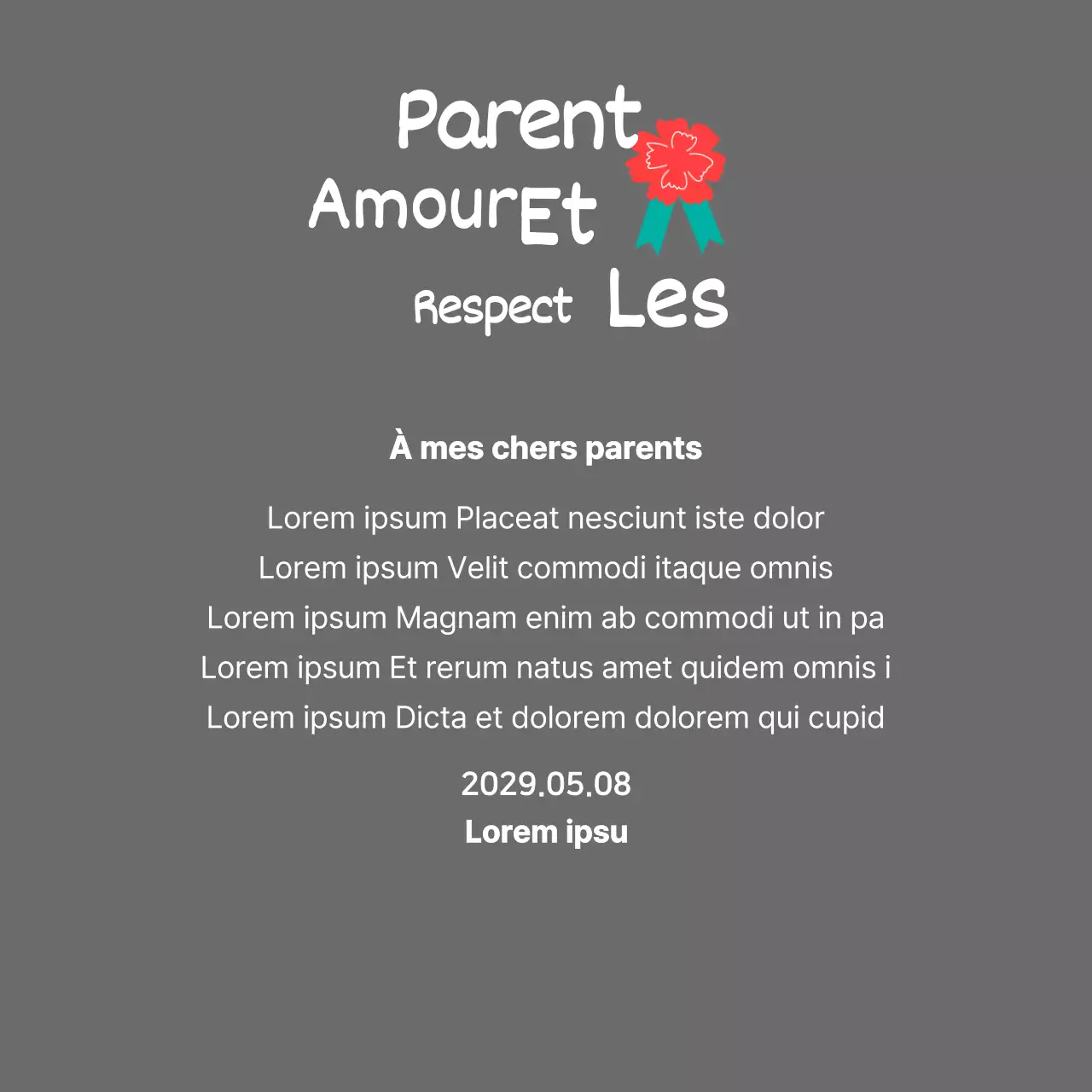 Calligraphie de la fête des mères avec illustration d'un œillet rouge